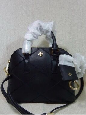 Tory Burch Black Quilted Satchel with Gold Hardware